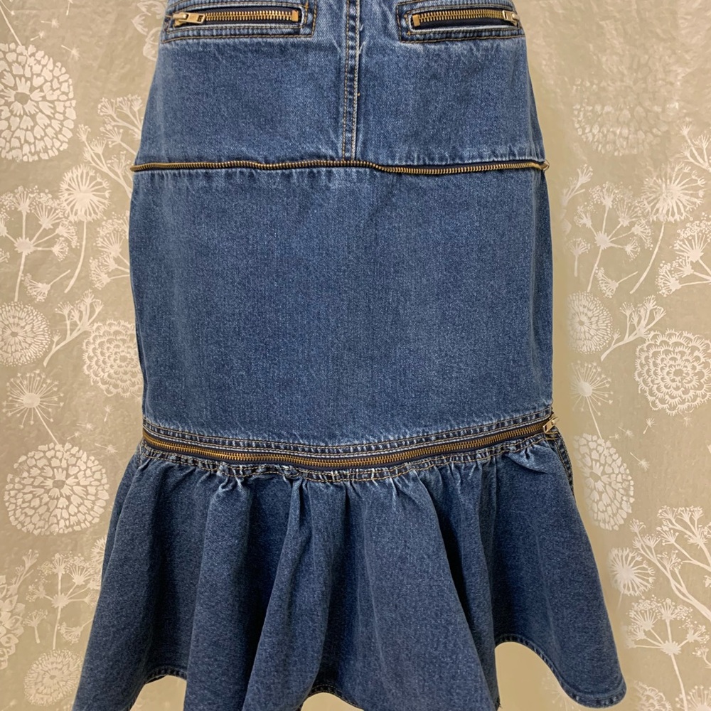Blue and Gold Midi Trumpet Skirt with Ruffles